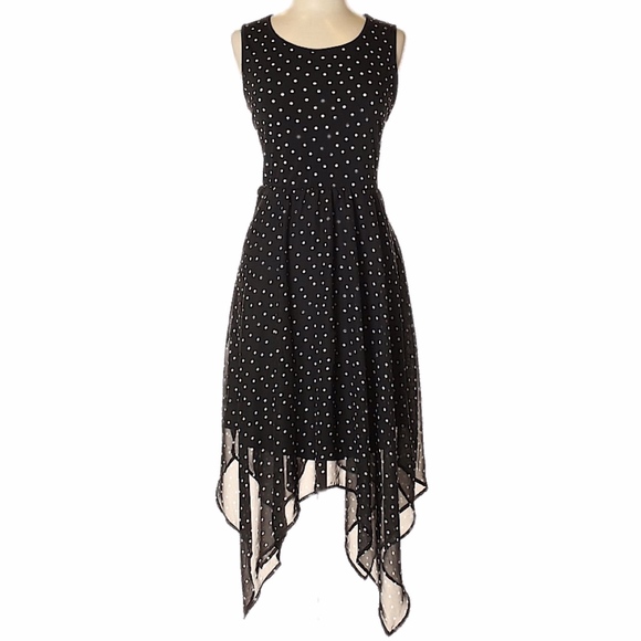 ELLE Dress Polka Dot Asymmetrical Sleeveless Chiffon Black & White Medium - Picture 3 of 5
